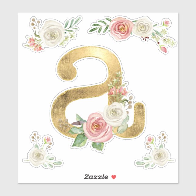 Letter A Monogram Gold Rose Floral Watercolor (Sheet)