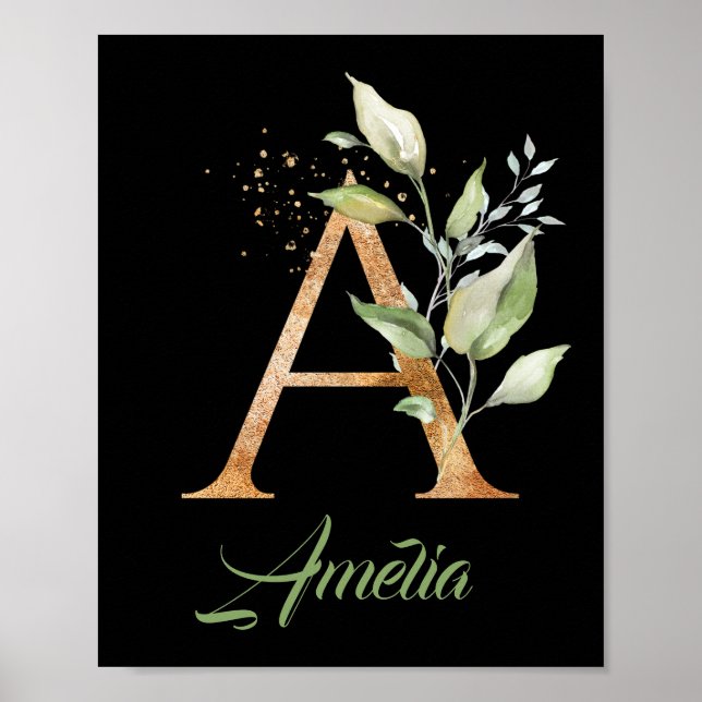 Letter A monogram greenery eucalyptus gold black  Poster (Front)