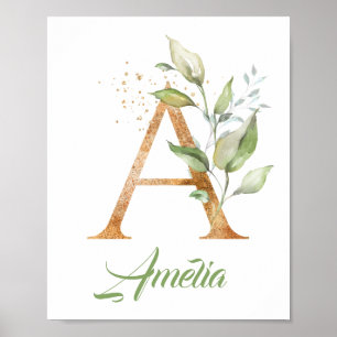 Letter A monogram greenery eucalyptus gold  Poster