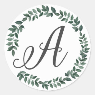 Letter A Monogram Minimalist Botanical Leaf Wreath Classic Round Sticker
