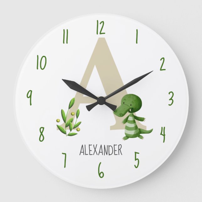 Letter A Monogram Reptile Nursery Large Clock (Front)