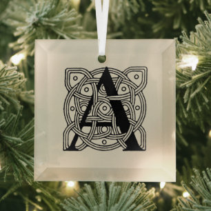 Letter A Monogram Vintage Celtic Knot Print Glass Tree Decoration
