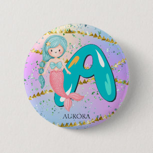 Letter A Monogram Watercolor Cute Mermaid Nursery 6 Cm Round Badge