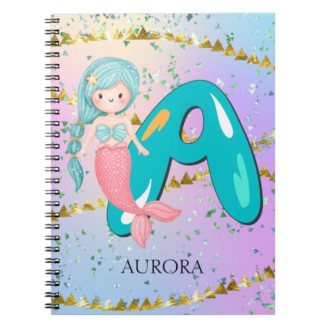 Letter A Monogram Watercolor Cute Mermaid Nursery Notebook (Front)