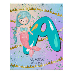 Letter A Monogram Watercolor Cute Mermaid Nursery Poster