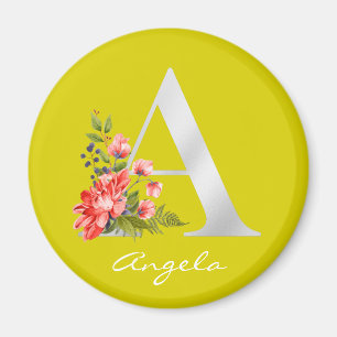 Letter A   Name   Floral White Metallic Monogram  Magnet