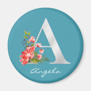 Letter A Name Floral White Metallic Monogram Magnet