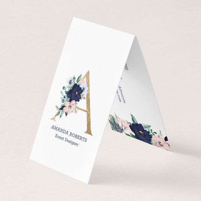 Letter A Navy-Blue & pink marina bloom flowers Business Card (Front)