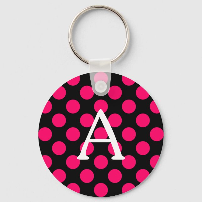 Letter A on Black Pink Polka Dots Key Ring (Front)
