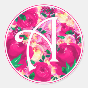 Letter A Pink Watercolor Floral Circle Monogram Classic Round Sticker
