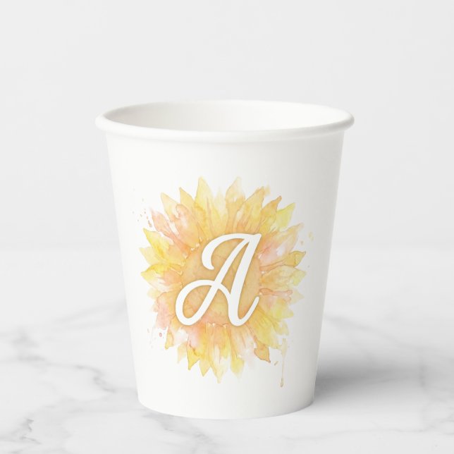 Letter A Sunflower First Name Monogram Initial  Paper Cups (Front)
