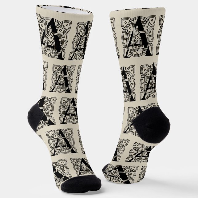 Letter A Vintage Celtic Knot Monogram Socks (Angled)