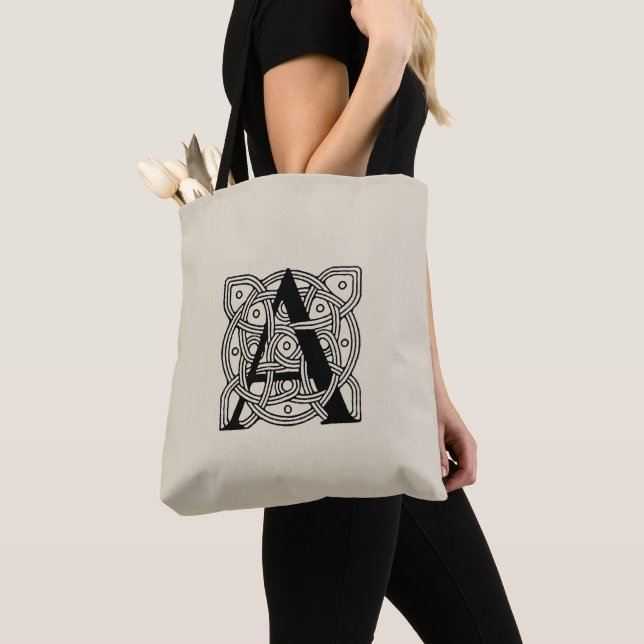 Letter A Vintage Celtic Knot Monogram Tote Bag (Close Up)