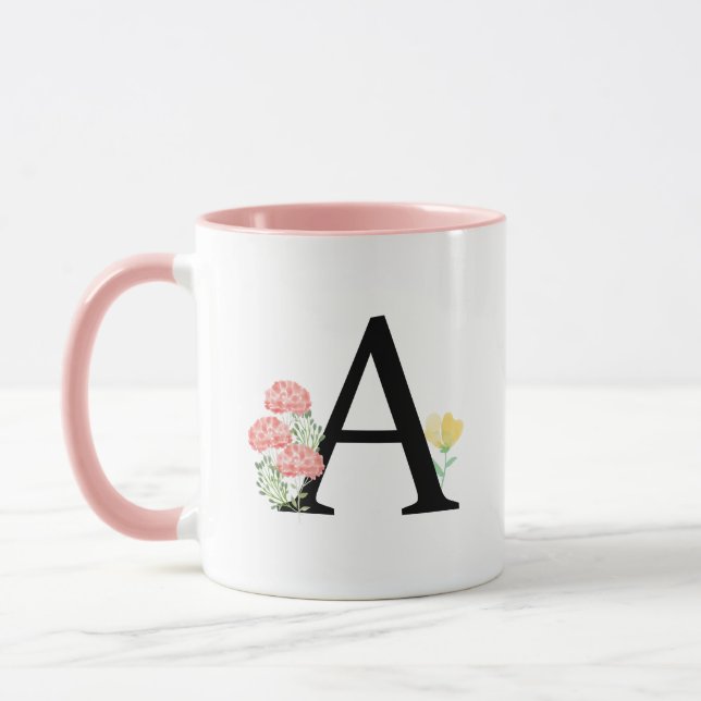 Letter A Watercolor Floral flowers Monogram Mug (Left)