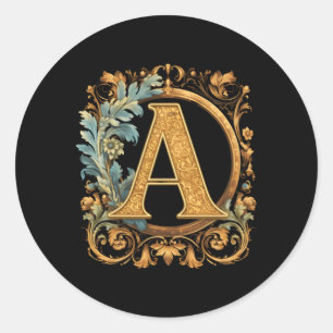Letter A With Scrolling And Blue Floral Edge Classic Round Sticker
