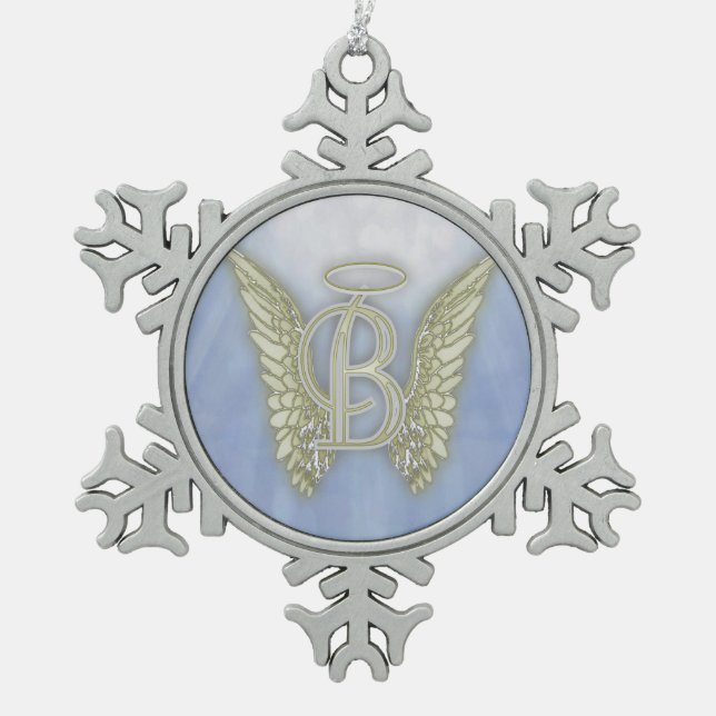 Letter B Angel Monogram Snowflake Pewter Christmas Ornament (Front)