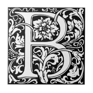 Letter B art nouveau black and white Tile