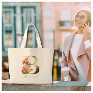 Letter B Elegant Floral Gold Monogram Large Tote Bag