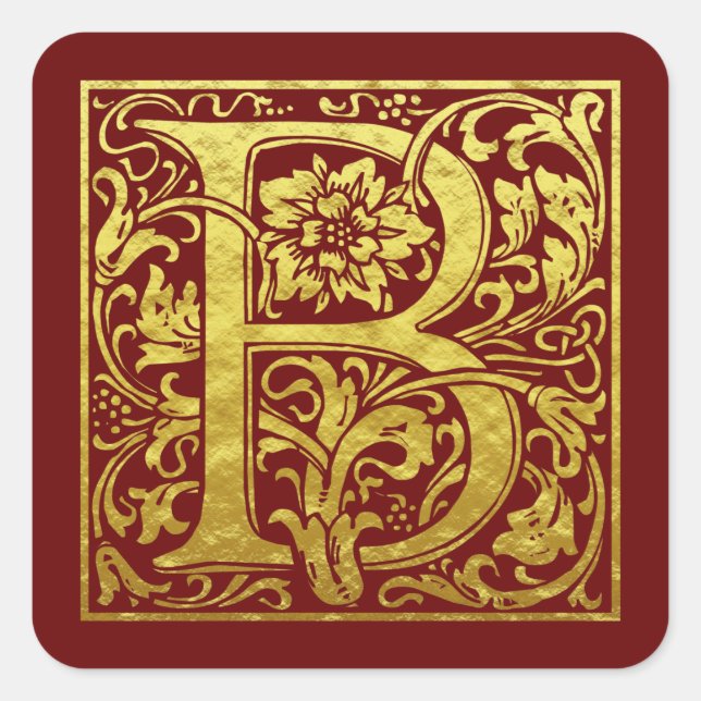 Letter B First Letter Faux Gold Red Square Sticker (Front)