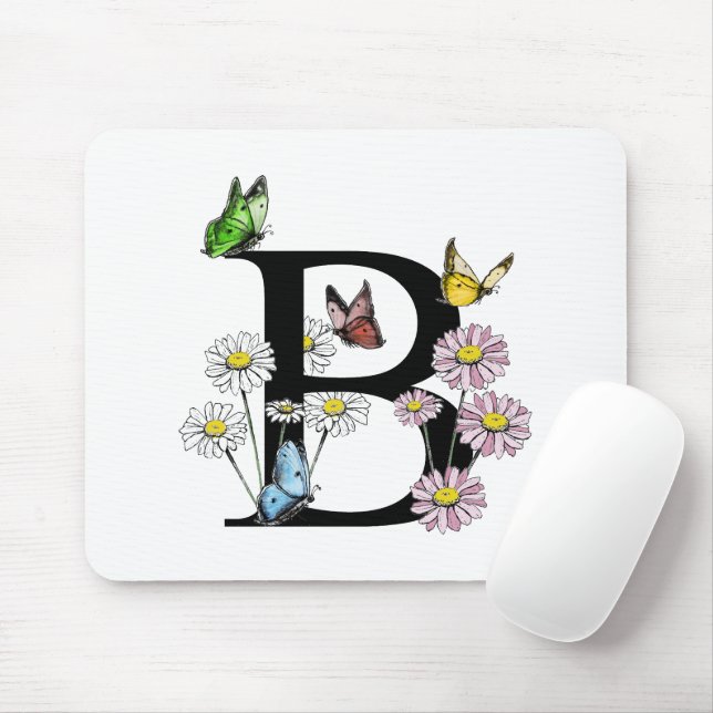   Letter B Floral Watercolor Butterfly Monogram   Mouse Mat (With Mouse)