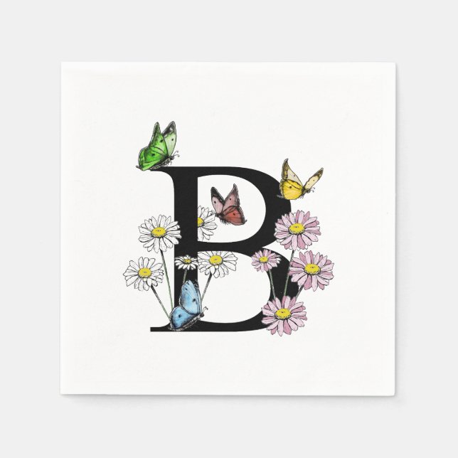   Letter B  Floral Watercolor Butterfly Monogram  Napkin (Front)