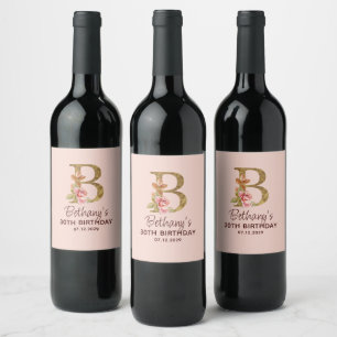 Letter B Gold Monogram Blush Pink Roses Wine Label