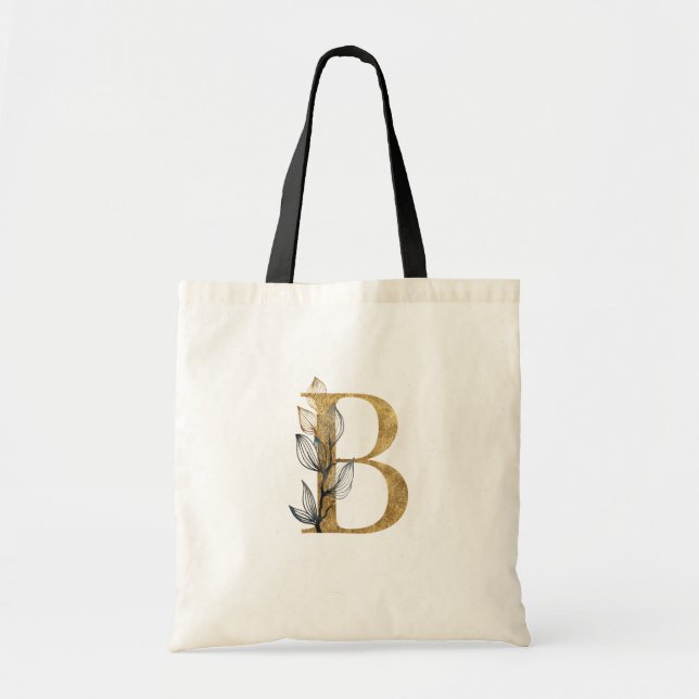 *~* Letter B Gold Monogram Initial Black Leaves Tote Bag (Front)