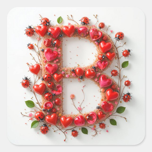 Letter B Heart Shapes Romantic Monogram Initial Square Sticker (Front)