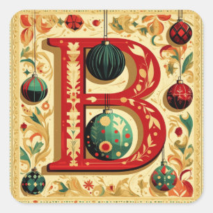 Letter B in Christmas Red and Green with Gold Square Sticker