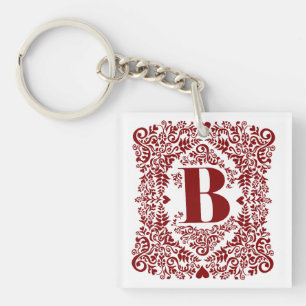 Letter B in Unique Modern Red Heart Floral Border Key Ring