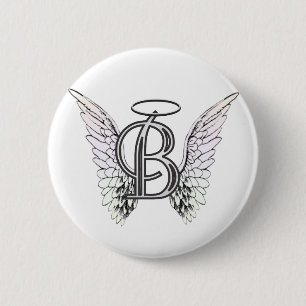Letter B Initial Monogram with Angel Wings & Halo 6 Cm Round Badge