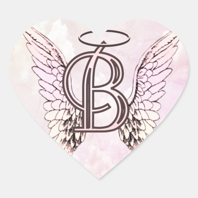 Letter B Initial Monogram with Angel Wings & Halo  Heart Sticker (Front)