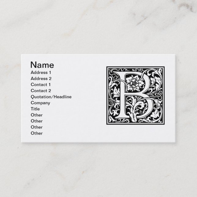 Letter B Mediaeval Monogram Art Nouveau Business Card (Front)