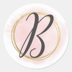 Letter B Monogram Blush Pink Watercolor Gold Chic Classic Round Sticker