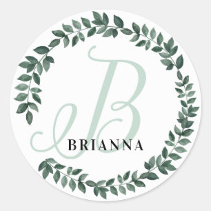 Letter B Monogram Custom Name Minimalist Botanical Classic Round Sticker