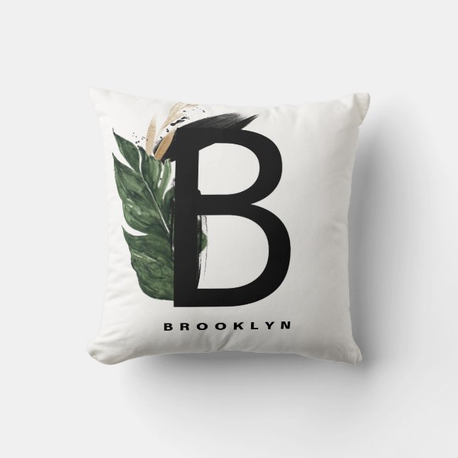  Letter B Monogram Gold Foil Tropical Leaves Cushion (Front)