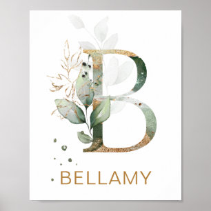 Letter B Monogram Green & gold foliage Nursery Poster