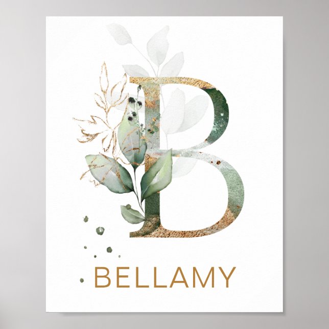 Letter B Monogram Green & gold foliage Nursery Poster (Front)