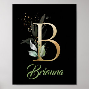 Letter B monogram greenery eucalyptus gold black  Poster
