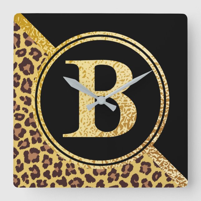 Letter B Monogram Leopard Print Gold and Black Square Wall Clock (Front)