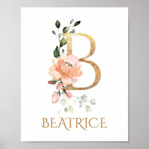 Letter B Monogram Pink Peach rose Nursery Poster