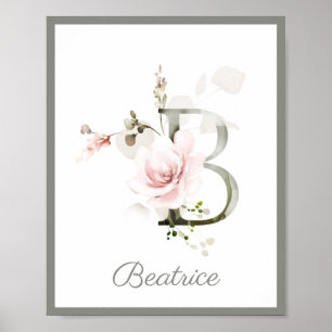 Letter B Monogram Pink Rose Foliage Nursery Poster