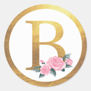 Letter B Monogram Pink Roses Floral & Elegant Gold Classic Round Sticker