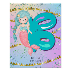 Letter B Monogram Watercolor Cute Mermaid Nursery Poster