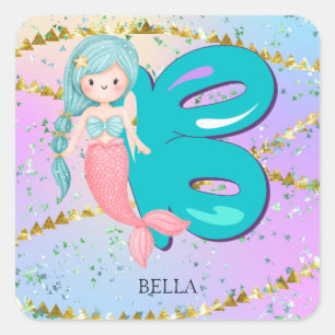 Letter B Monogram Watercolor Cute Mermaid Nursery Square Sticker