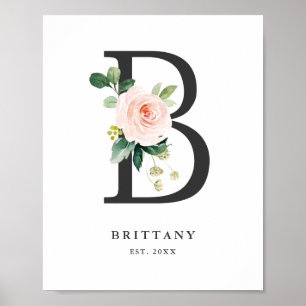Letter B Monogram Watercolor Peach Florals Nursery Poster