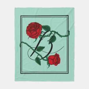 Letter B Monogram with Red Roses Light Green Fleece Blanket
