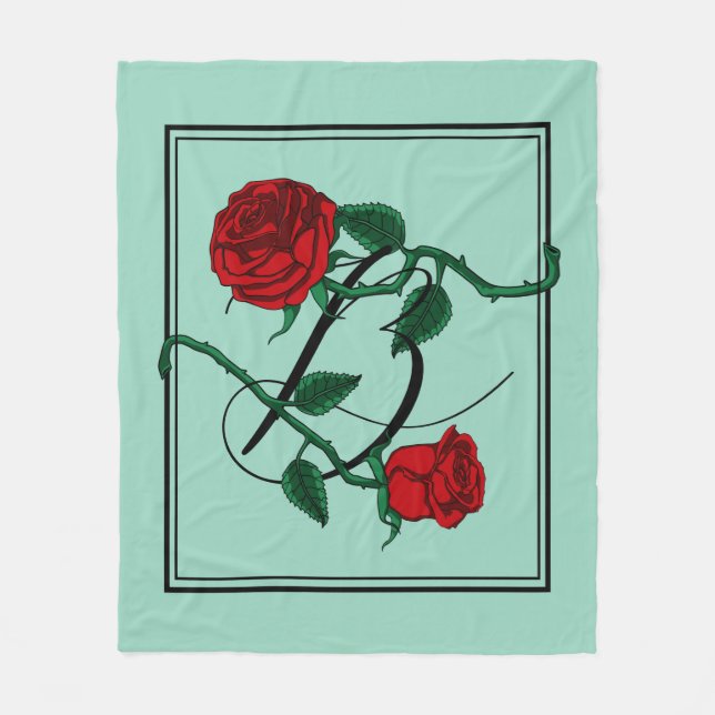 Letter B Monogram with Red Roses Light Green Fleece Blanket (Front)