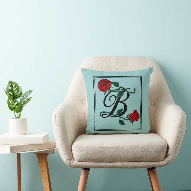 Letter B Monogram with Red Roses Turquoise Cushion (Chair)