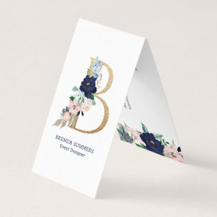 Letter B Navy-Blue & pink marina bloom flowers Business Card